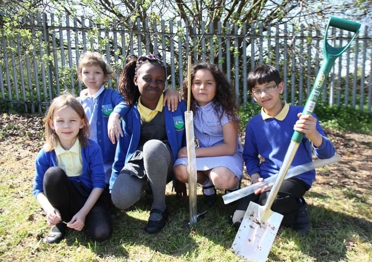 A school tree planting event in progress